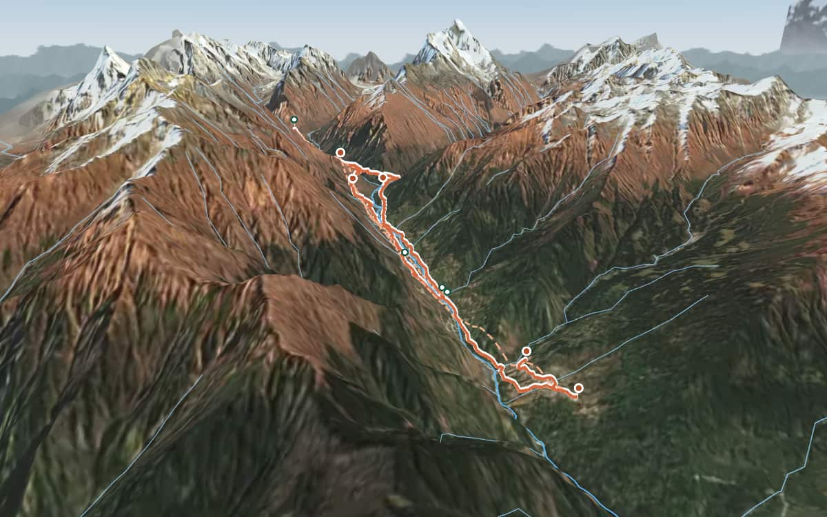 Satellite view of the Har Ki Dun trek from the west, with the trail and the Bandarpunch massif on the horizon