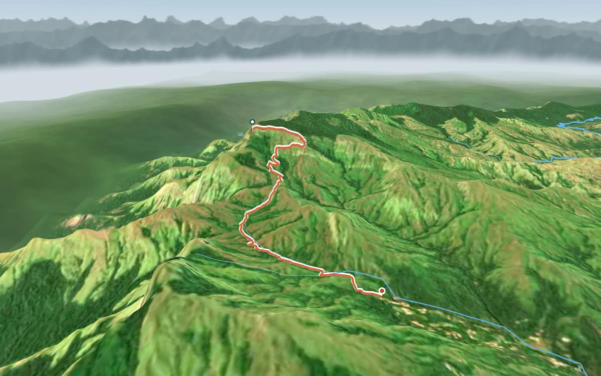 Satellite view of the Kudremukh Peak trek from the east, with the trail climbing from Mullodi to the summit ridge