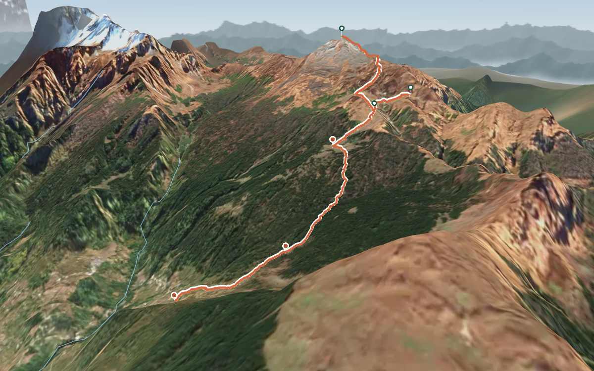 Satellite view from above Tugasi looking south-south-east: the trail climbs through forest and meadow past Gulling Top and Khullara to the Pangarchulla summit ridge on the skyline, with the Kuari Pass spur to its right and layers of Himalayan ridges on the horizon