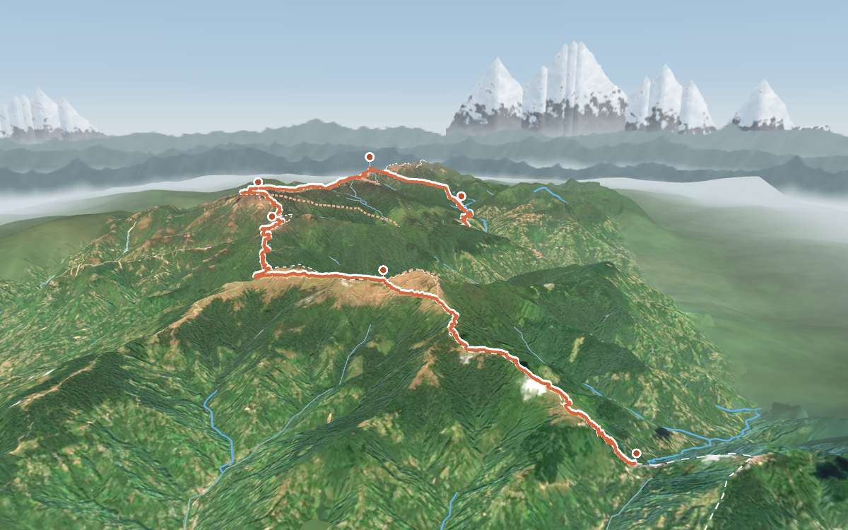 Satellite view of the Singalila Ridge from the south, with the Sandakphu–Phalut trail and the Kangchenjunga range on the horizon