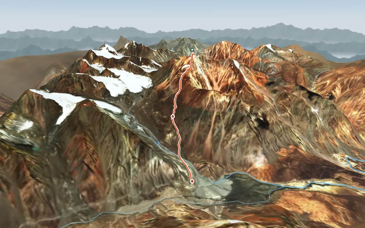 Satellite view of the Yunam Peak trek from the south, with the trail and the Mulkila range on the horizon
